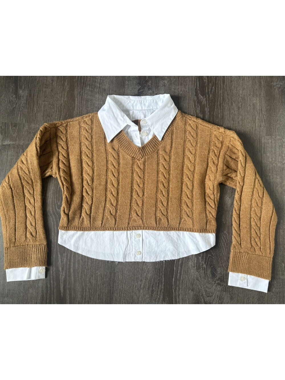 Anthropologie Pilcro Cable Knit Twofer Sweater Womens Small Brown Cotton Cropped - Picture 1 of 9